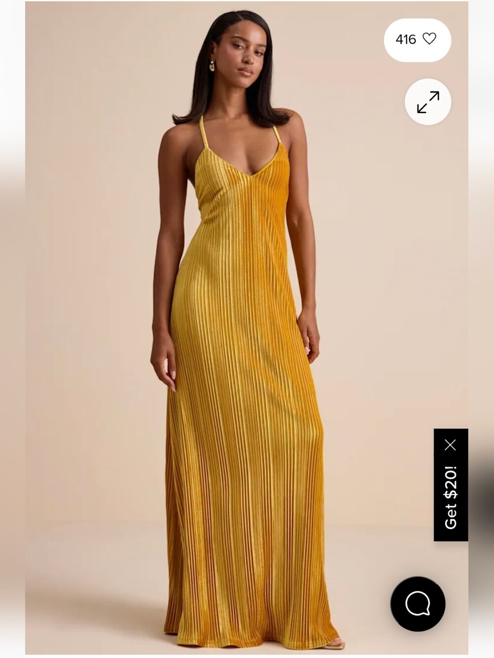 Lulus Golden Yellow Velvet Pleated Backless Maxi Dress
